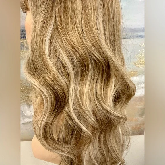 HAIR, 25” Long Wavy Layers, Center Part Bangs Ombre Med Brown/Blonde - Picture 1 of 16